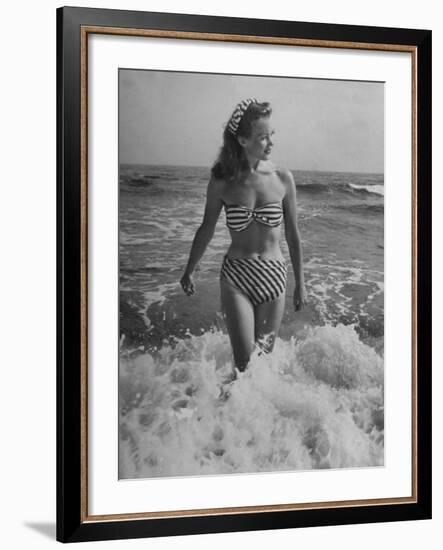 French Actress Barbara Laage Wearing Makeshift Two-Piece Bathing Suit Wading in Surf-Nina Leen-Framed Premium Photographic Print