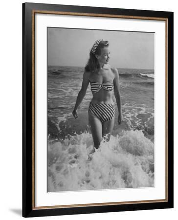 French Actress Barbara Laage Wearing Makeshift Two-Piece Bathing Suit  Wading in Surf' Premium Photographic Print - Nina Leen