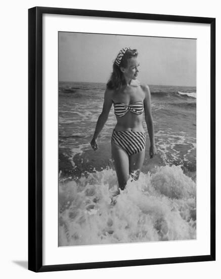 French Actress Barbara Laage Wearing Makeshift Two-Piece Bathing Suit Wading in Surf-Nina Leen-Framed Premium Photographic Print