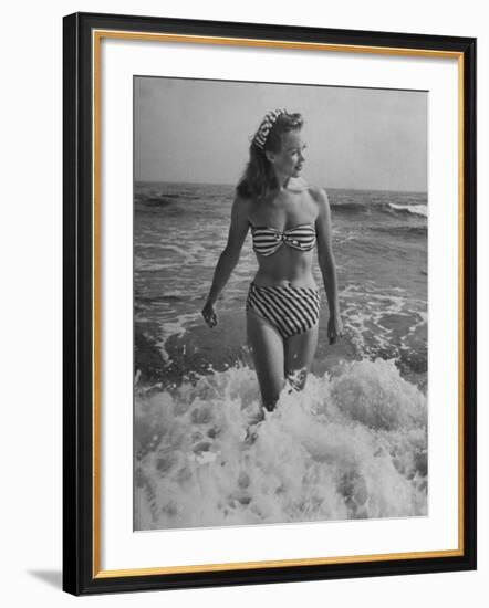 French Actress Barbara Laage Wearing Makeshift Two-Piece Bathing Suit Wading in Surf-Nina Leen-Framed Premium Photographic Print
