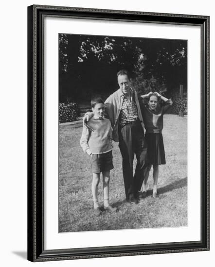 French Author Albert Camus Poised Standing on Lawn, Arms around His Twins Jean and Catherine-Loomis Dean-Framed Premium Photographic Print