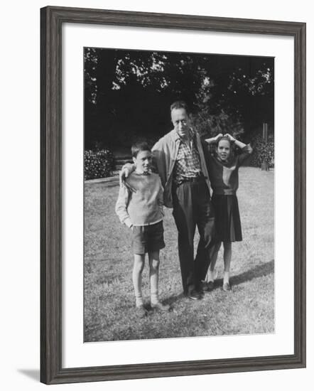 French Author Albert Camus Poised Standing on Lawn, Arms around His Twins Jean and Catherine-Loomis Dean-Framed Premium Photographic Print