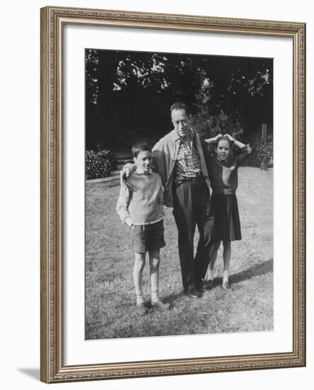 French Author Albert Camus Poised Standing on Lawn, Arms around His Twins Jean and Catherine-Loomis Dean-Framed Premium Photographic Print