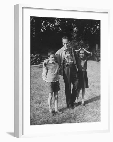 French Author Albert Camus Poised Standing on Lawn, Arms around His Twins Jean and Catherine-Loomis Dean-Framed Premium Photographic Print
