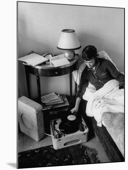 French Authoress Francoise Sagan, Laying in Bed Listening to Music-null-Mounted Premium Photographic Print