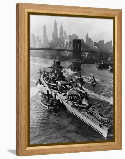 French Battleship Richelieu Passes Brooklyn Bridge-null-Framed Premier Image Canvas