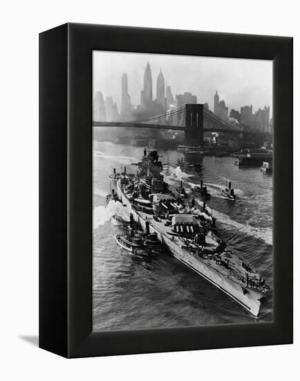 French Battleship Richelieu Passes Brooklyn Bridge-null-Framed Premier Image Canvas