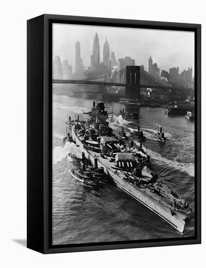 French Battleship Richelieu Passes Brooklyn Bridge-null-Framed Premier Image Canvas