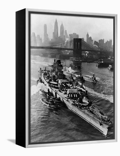 French Battleship Richelieu Passes Brooklyn Bridge-null-Framed Premier Image Canvas