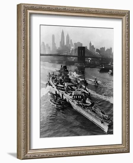 French Battleship Richelieu Passes Brooklyn Bridge-null-Framed Photographic Print