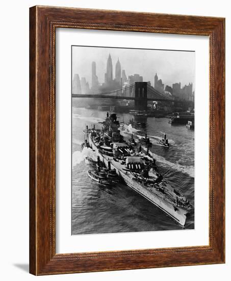 French Battleship Richelieu Passes Brooklyn Bridge-null-Framed Photographic Print