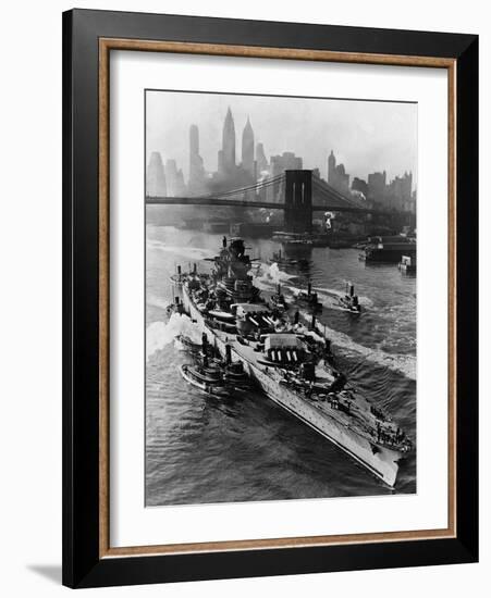 French Battleship Richelieu Passes Brooklyn Bridge-null-Framed Photographic Print