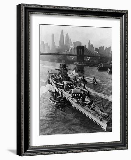 French Battleship Richelieu Passes Brooklyn Bridge-null-Framed Photographic Print