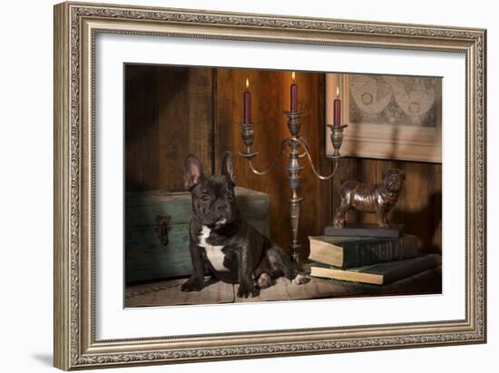 French Bulldog Next to Bronze of Dog and Candlesticks-null-Framed Photographic Print