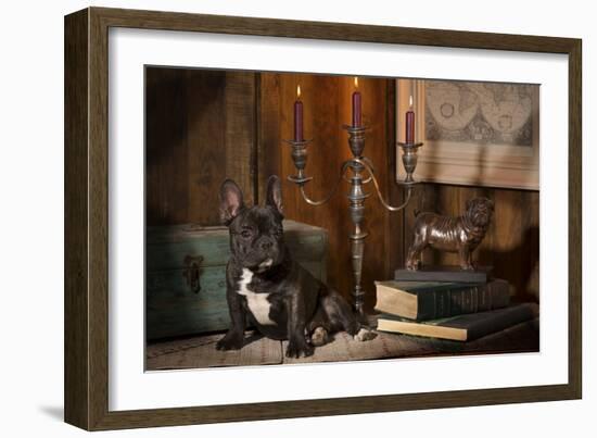 French Bulldog Next to Bronze of Dog and Candlesticks-null-Framed Photographic Print