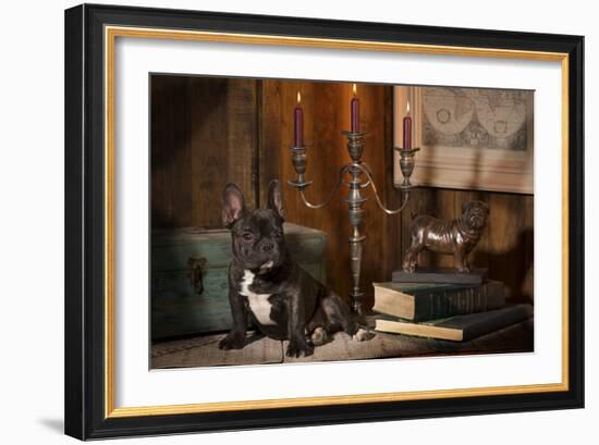 French Bulldog Next to Bronze of Dog and Candlesticks-null-Framed Photographic Print