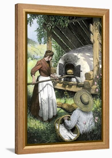 French-Canadian Woman Baking Bread in an Outdoor Oven, c.1900-null-Framed Premier Image Canvas