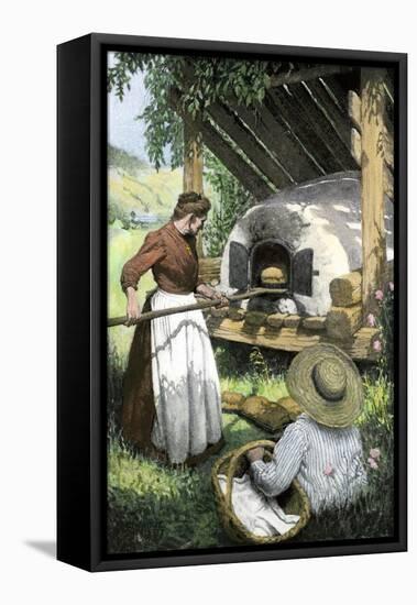 French-Canadian Woman Baking Bread in an Outdoor Oven, c.1900-null-Framed Premier Image Canvas