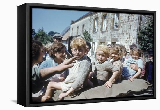 French Children in the Town of Avranches Sitting on Us Military Jeep, Normandy, France, 1944-Frank Scherschel-Framed Premier Image Canvas