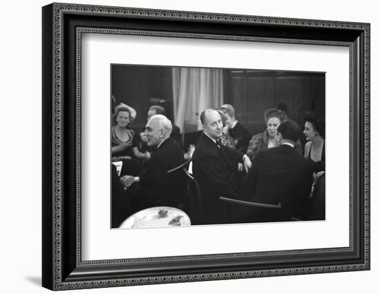 French Designer Christian Dior Drinking with Unidentified Others at a Bar, Paris, November 1947-Frank Scherschel-Framed Photographic Print