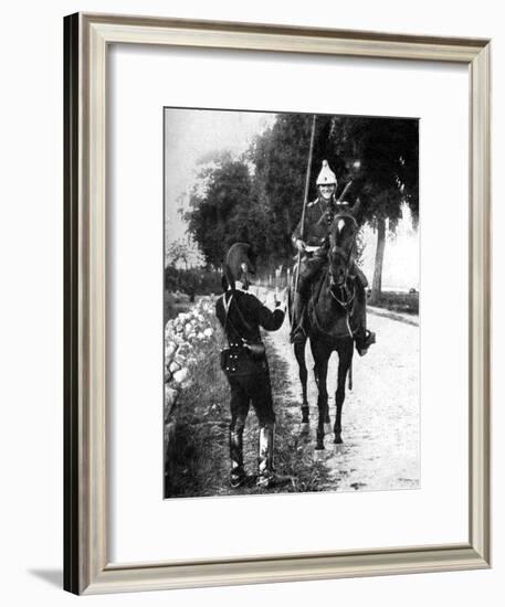 French Dragoon, Delivering Passport to Alert Belgian Picket, First World War, 1914-null-Framed Giclee Print