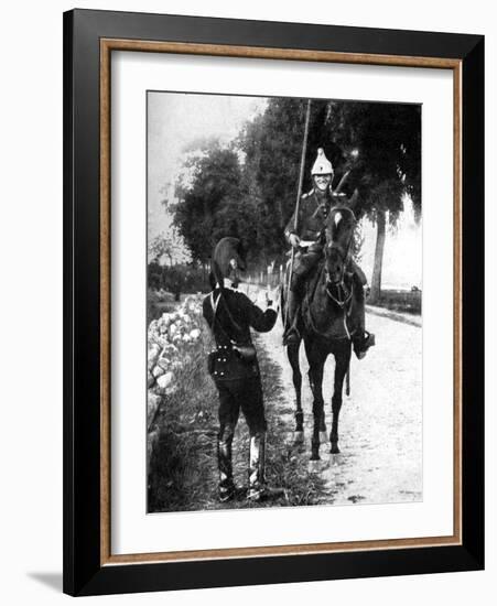 French Dragoon, Delivering Passport to Alert Belgian Picket, First World War, 1914-null-Framed Giclee Print