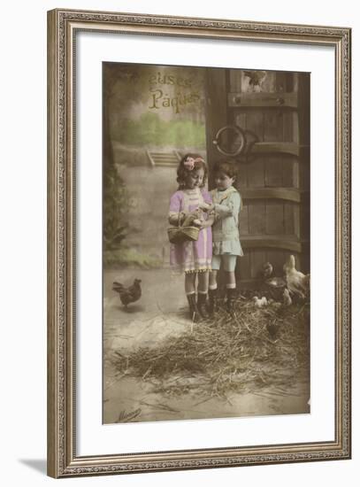 French Easter Card, Showing Children Finding Eggs-null-Framed Photographic Print