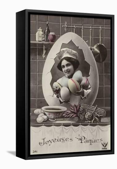 French Easter Card, Showing Girl in Kitchen-null-Framed Premier Image Canvas