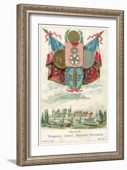 French Flags, Arms, Coins and Decorations and a View of Paris from the Pont Neuf-null-Framed Giclee Print