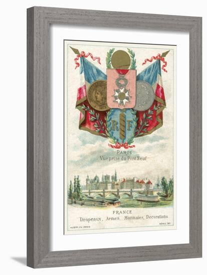 French Flags, Arms, Coins and Decorations and a View of Paris from the Pont Neuf-null-Framed Giclee Print