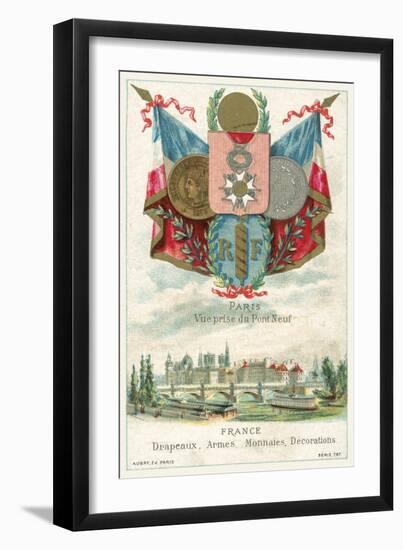 French Flags, Arms, Coins and Decorations and a View of Paris from the Pont Neuf-null-Framed Giclee Print