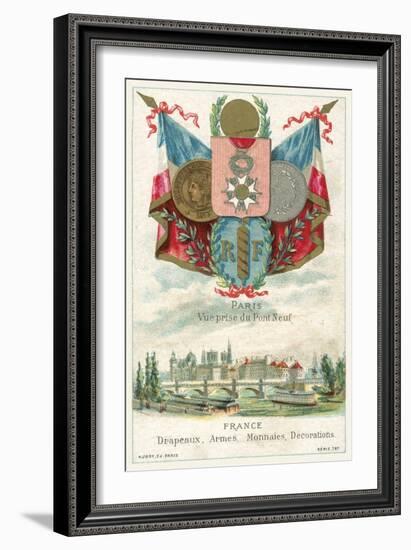 French Flags, Arms, Coins and Decorations and a View of Paris from the Pont Neuf-null-Framed Giclee Print