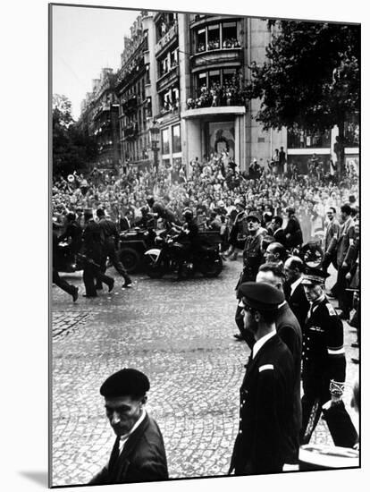 French Gen. Charles de Gaulle Waving to Jubilant Crowds Following Liberation of Paris-Ralph Morse-Mounted Premium Photographic Print