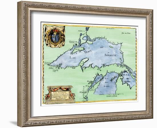 French Jesuit Map of Lake Superior, Upper Michigan, and Wisconsin, 1600s-null-Framed Giclee Print