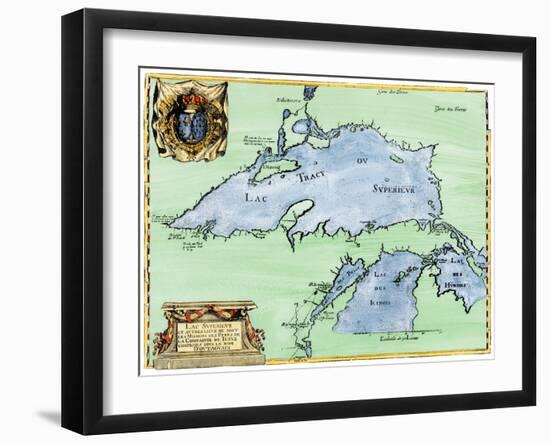 French Jesuit Map of Lake Superior, Upper Michigan, and Wisconsin, 1600s-null-Framed Giclee Print