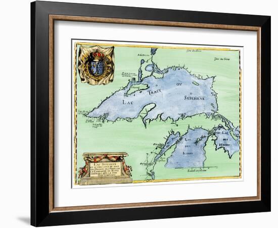 French Jesuit Map of Lake Superior, Upper Michigan, and Wisconsin, 1600s-null-Framed Giclee Print