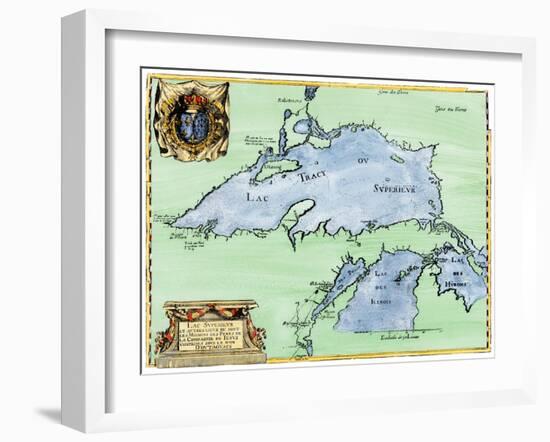 French Jesuit Map of Lake Superior, Upper Michigan, and Wisconsin, 1600s-null-Framed Giclee Print