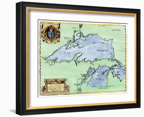 French Jesuit Map of Lake Superior, Upper Michigan, and Wisconsin, 1600s-null-Framed Giclee Print