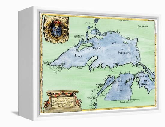 French Jesuit Map of Lake Superior, Upper Michigan, and Wisconsin, 1600s-null-Framed Premier Image Canvas