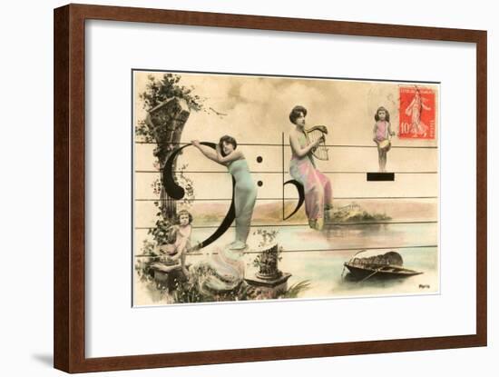 French Ladies and Girl on Musical Staff-null-Framed Art Print