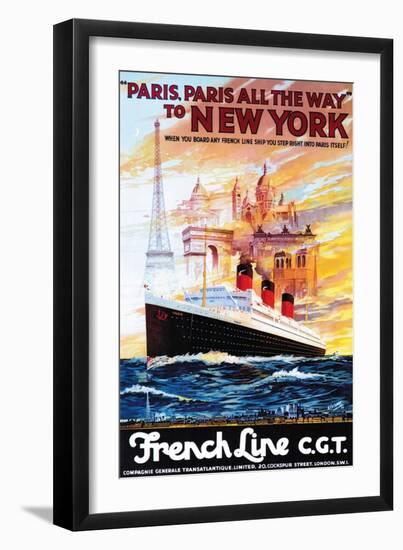 French Line - Paris to New York - Vintage Poster-Lantern Press-Framed Art Print