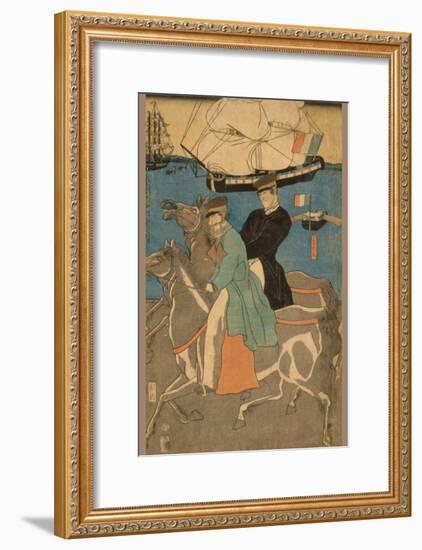 French Men Taking Horse Ride on Sunday in Yokohama (Yokohama Kyu?Jitsu Furansujin Uma Yu?Ko?)-Sadahide Utagawa-Framed Art Print