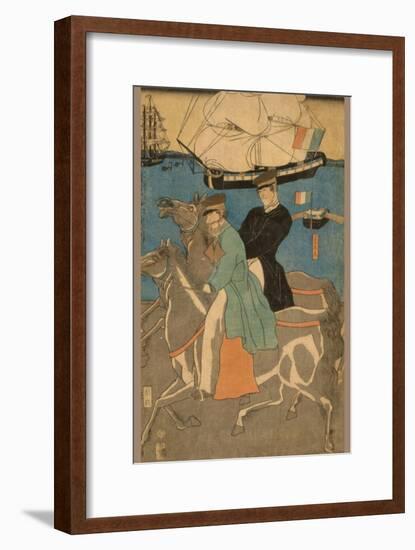 French Men Taking Horse Ride on Sunday in Yokohama (Yokohama Kyu?Jitsu Furansujin Uma Yu?Ko?)-Sadahide Utagawa-Framed Art Print
