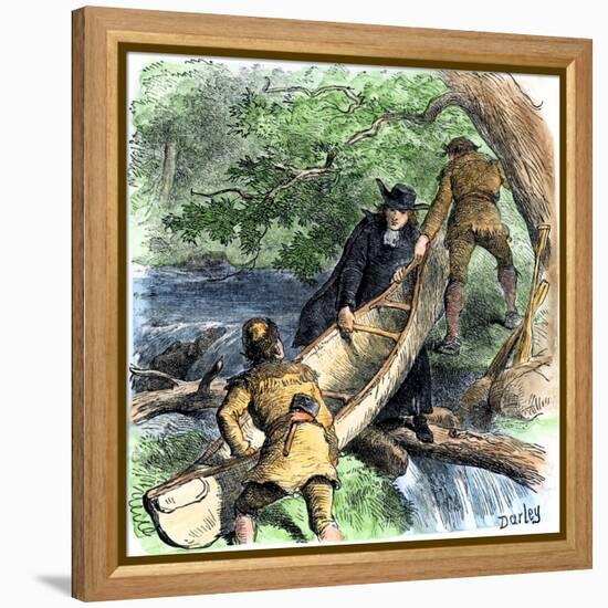 French Missionary and Fur Traders Carrying a Canoe at a Portage in North America-null-Framed Premier Image Canvas