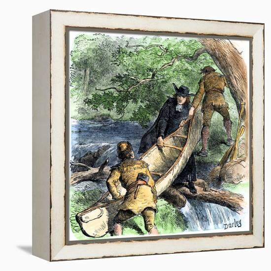 French Missionary and Fur Traders Carrying a Canoe at a Portage in North America-null-Framed Premier Image Canvas