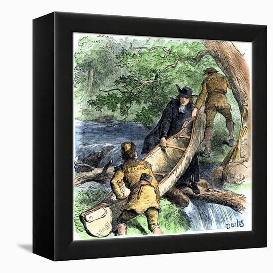French Missionary and Fur Traders Carrying a Canoe at a Portage in North America-null-Framed Premier Image Canvas
