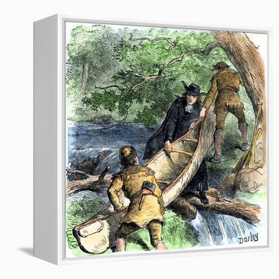 French Missionary and Fur Traders Carrying a Canoe at a Portage in North America-null-Framed Premier Image Canvas