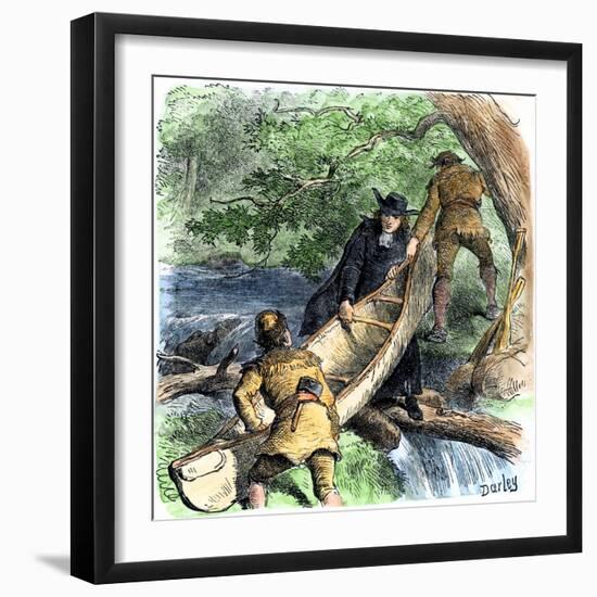 French Missionary and Fur Traders Carrying a Canoe at a Portage in North America-null-Framed Giclee Print