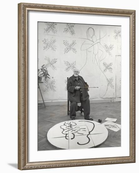 French Painter Henri Matisse Working on Medallion of Virgin and Child for Chapel at Vence in Studio-Dmitri Kessel-Framed Premium Photographic Print