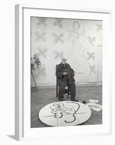 French Painter Henri Matisse Working on Medallion of Virgin and Child for Chapel at Vence in Studio-Dmitri Kessel-Framed Premium Photographic Print